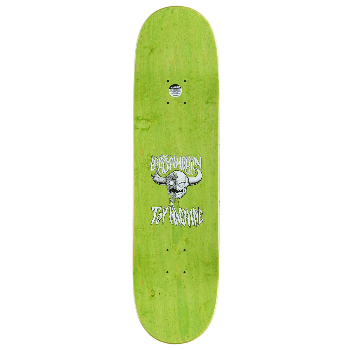 Green skateboard deck with a bull skull design and 'Toy Machine' branding on a white background