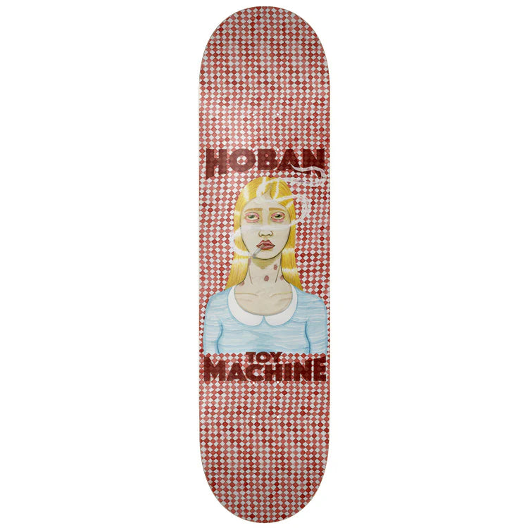 Skateboard deck with a graphic design of a woman's face and 'Toy Machine' branding on a white background.