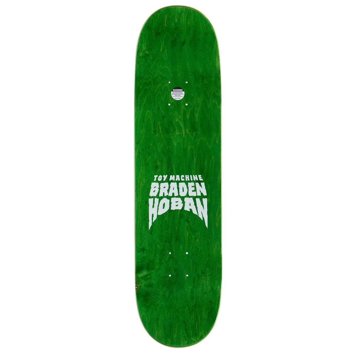 A green skateboard deck with a prominent white graphic reading 'TOY MACHINE BRADEN HOBAN' in the center, shown against a plain white background.