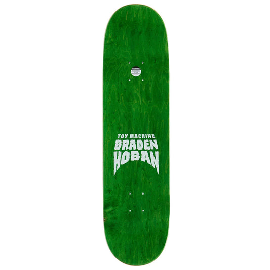 A green skateboard deck with a prominent white graphic reading 'TOY MACHINE BRADEN HOBAN' in the center, shown against a plain white background.