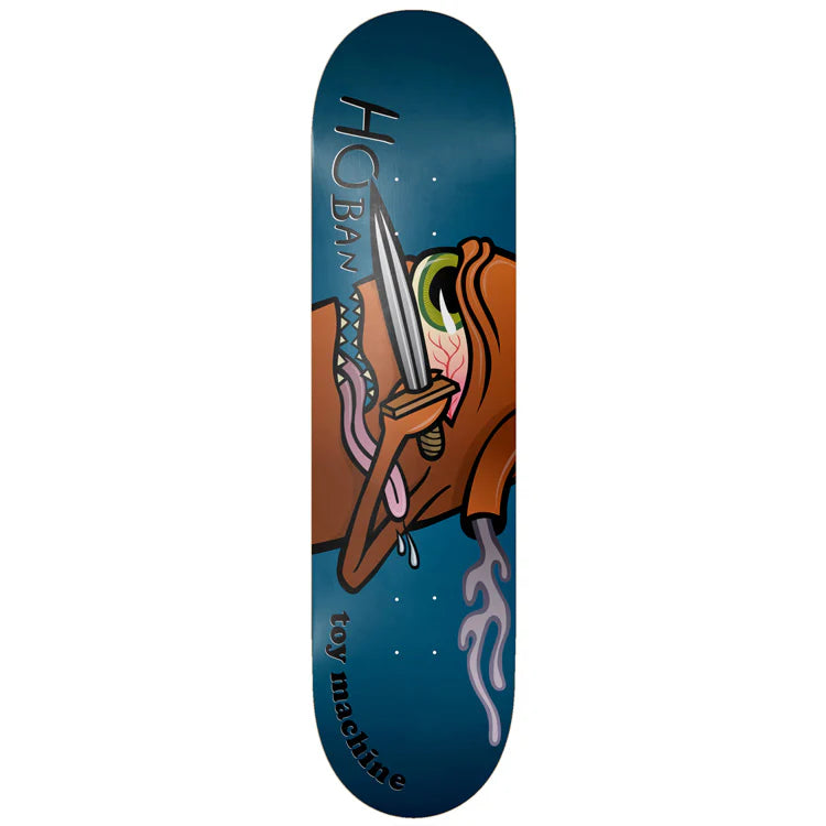 Skateboard deck with a cartoonish design of a dog holding a sword on a blue background, featuring the brand 'toy machine'.