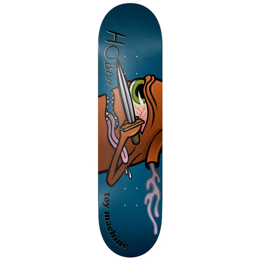 Skateboard deck with a cartoonish design of a dog holding a sword on a blue background, featuring the brand 'toy machine'.