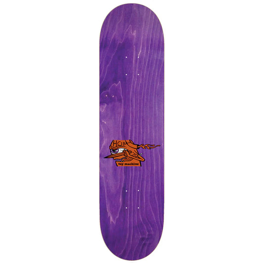 Purple skateboard deck with a logo on a white background