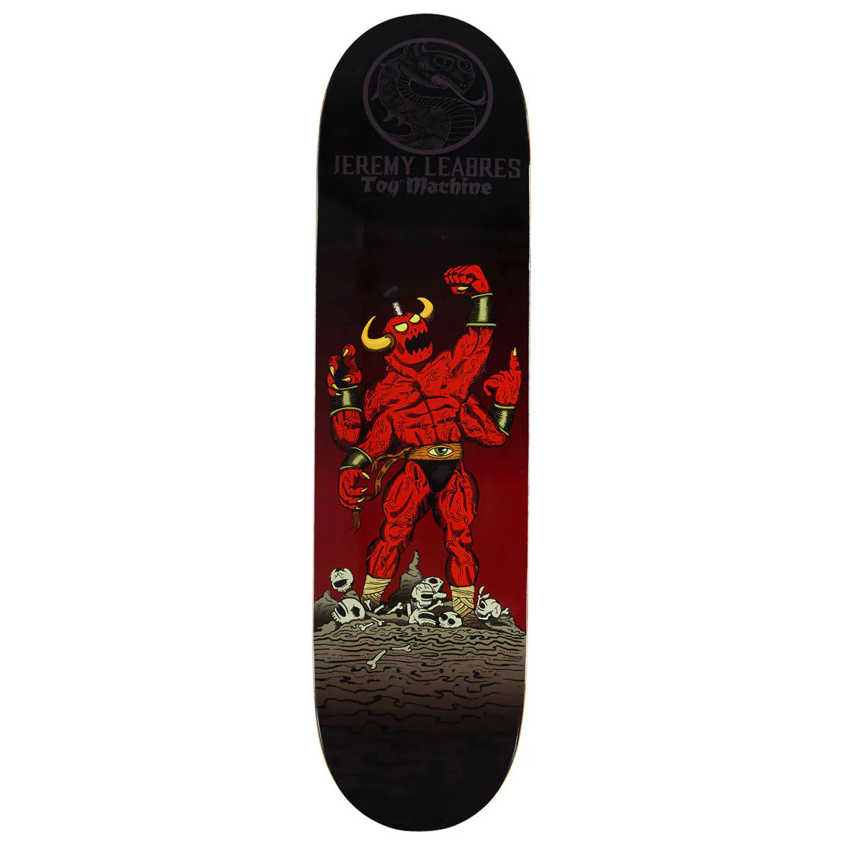 Skateboard deck with a red devil illustration on a black background