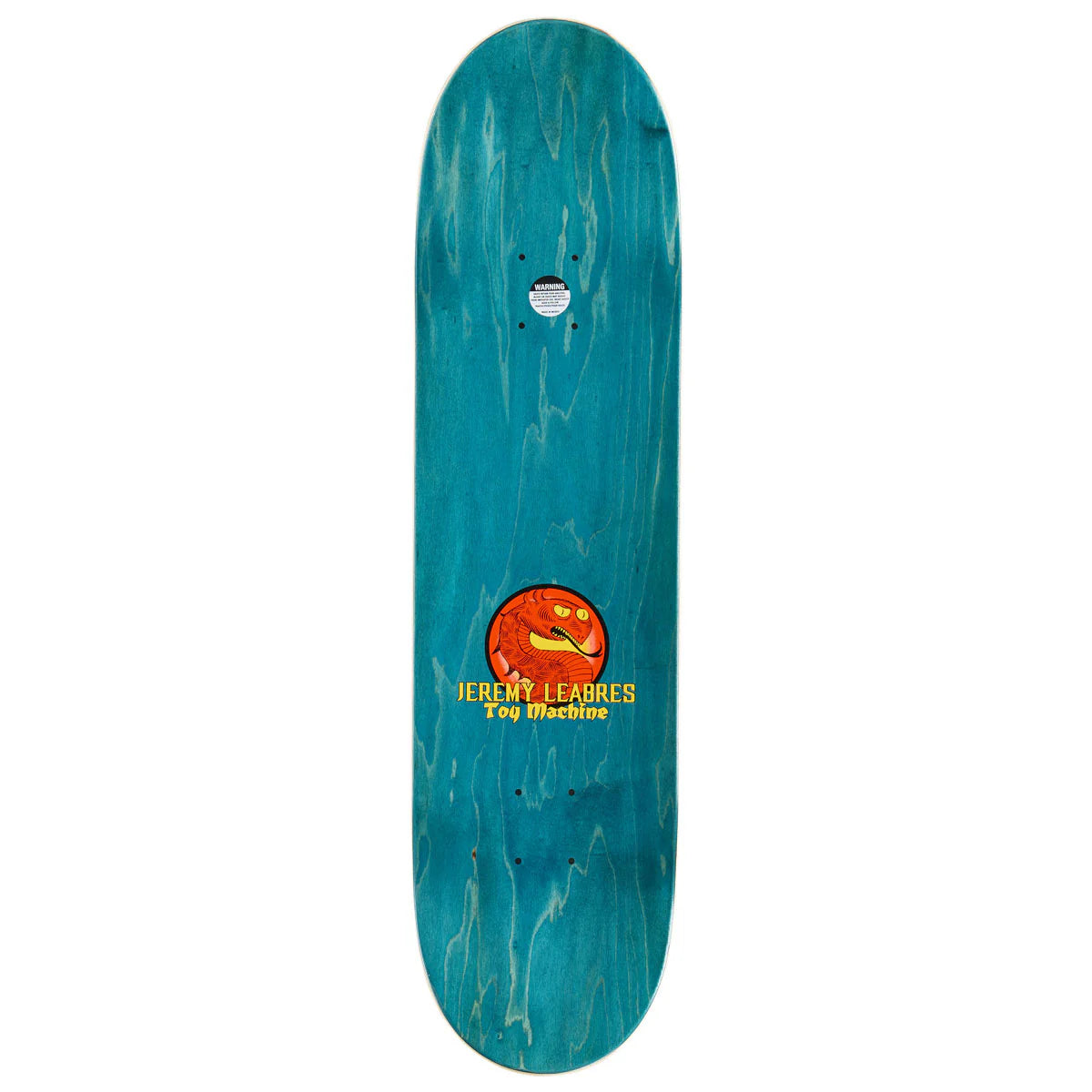 Teal skateboard deck with a logo on a white background