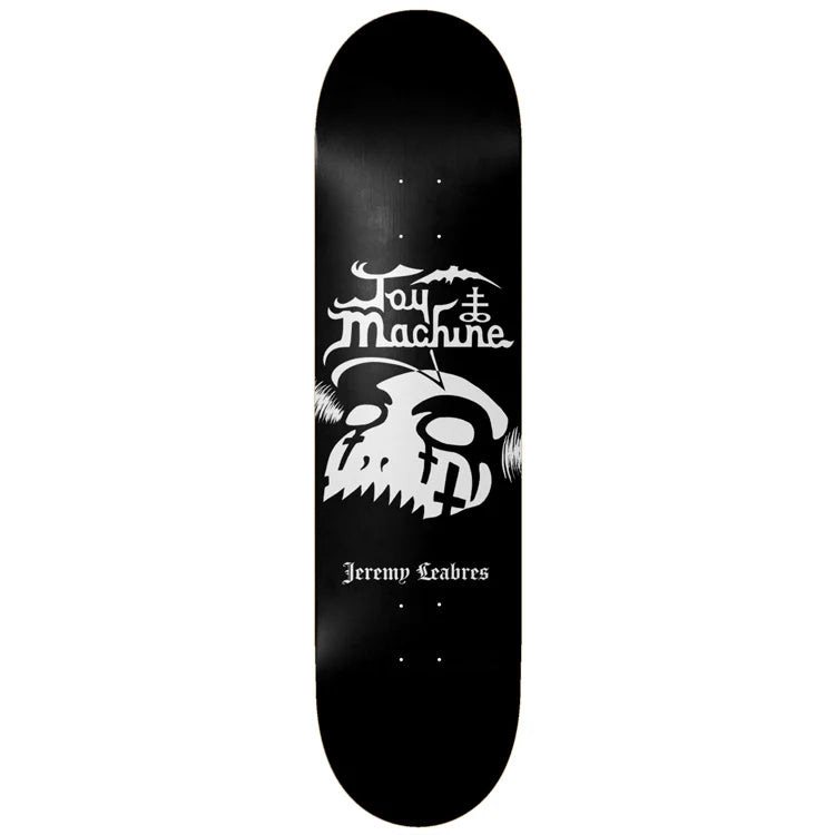 Skateboard deck with 'Toy Machine' logo and design on a black background