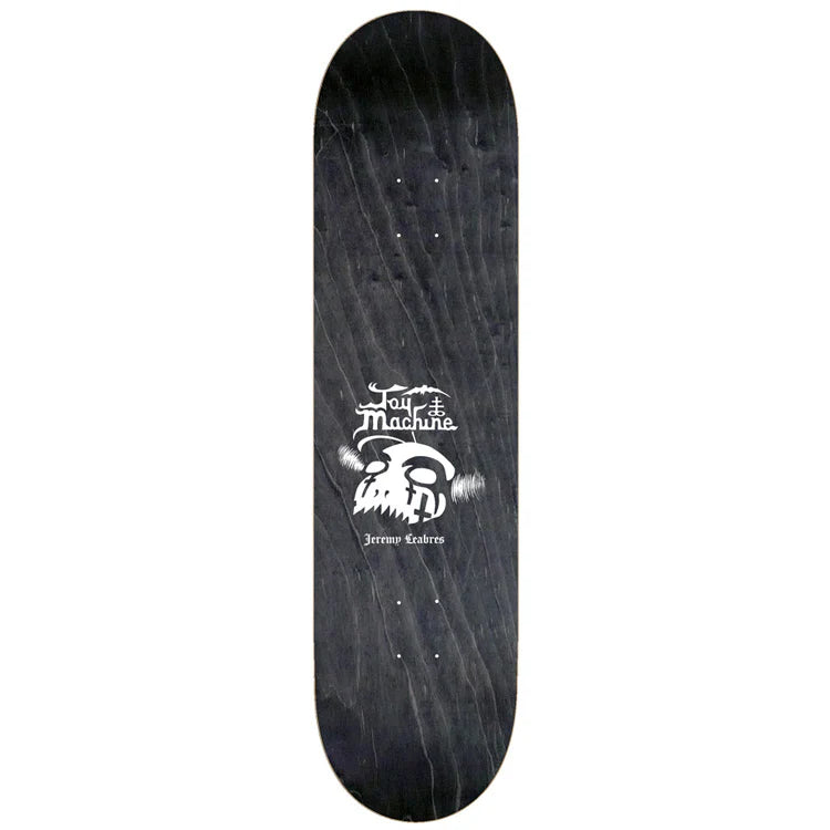 Black skateboard deck with a white logo on a white background