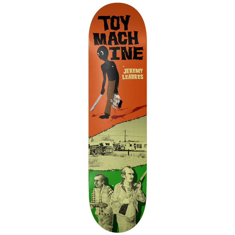 Skateboard deck with 'Toy Machine' branding and graphic design on an orange and green background.