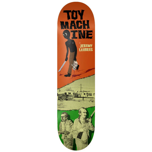 Skateboard deck with 'Toy Machine' branding and graphic design on an orange and green background.