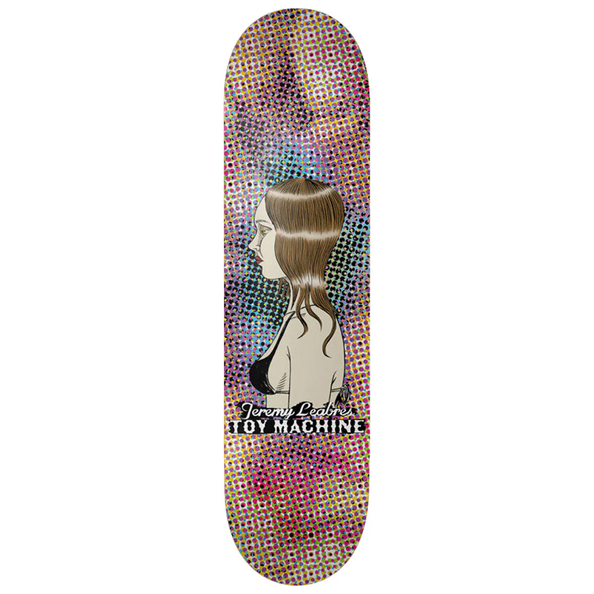 Skateboard deck with a colorful pattern and a silhouette of a woman on a white background