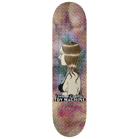 Skateboard deck with a colorful pattern and a silhouette of a woman on a white background