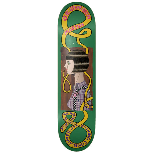 Skateboard deck with a design of a woman and text on a green background