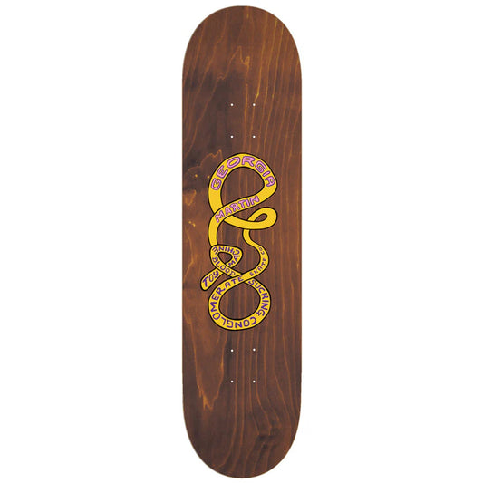Wooden skateboard deck with yellow logo on a white background