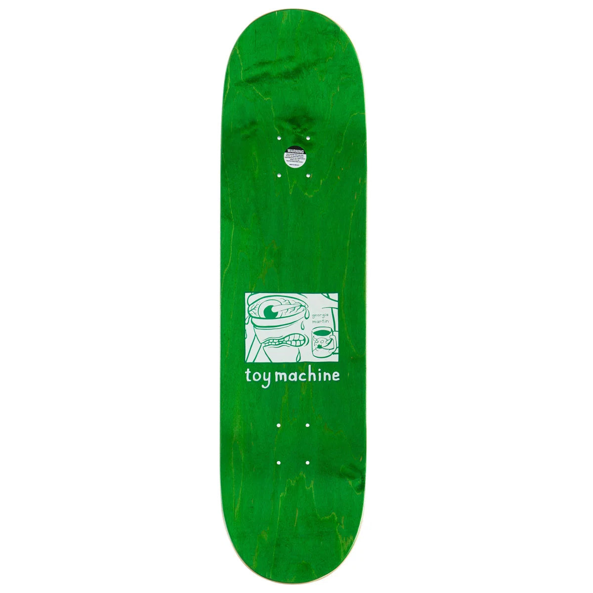 A green skateboard deck with a white graphic of a stylized face and the text 'toy machine' printed on the bottom, shown against a plain white background.