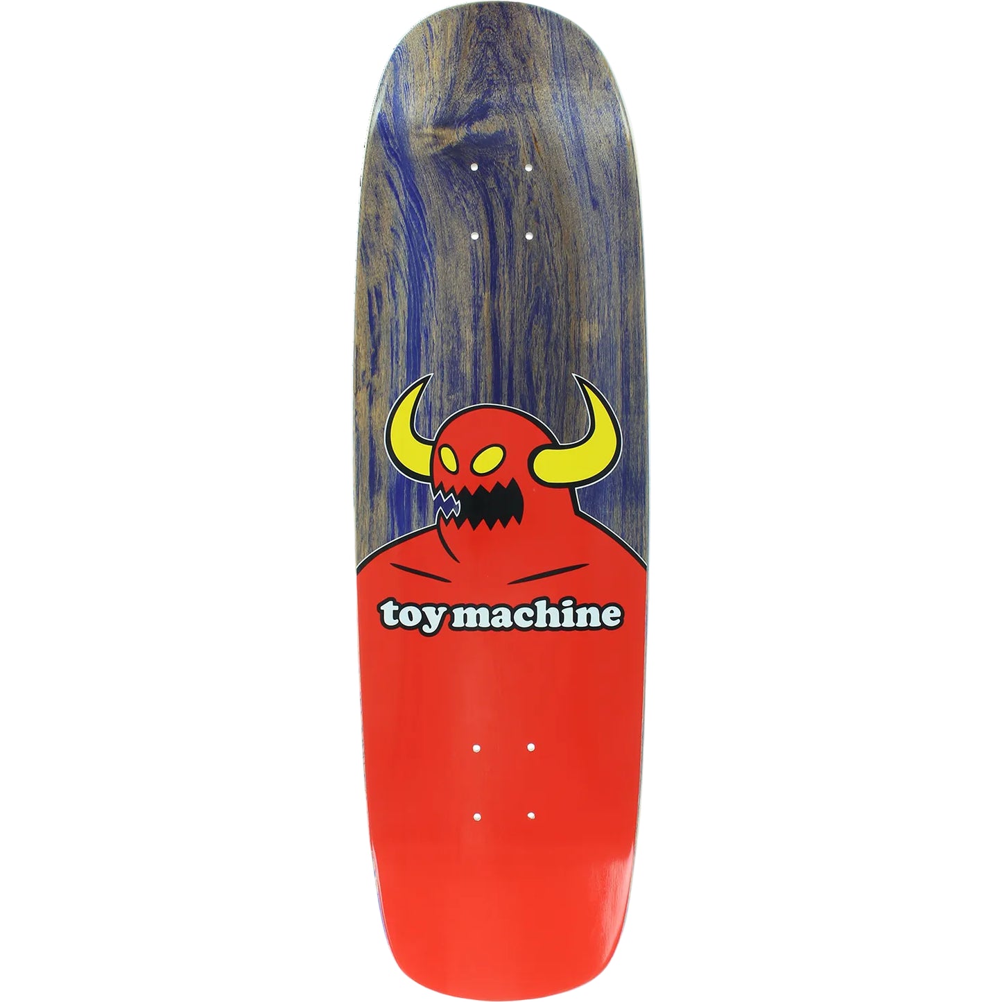 A skateboard deck shown from the top side, featuring a red devil graphic with yellow horns and the text 'toy machine' on a white background.