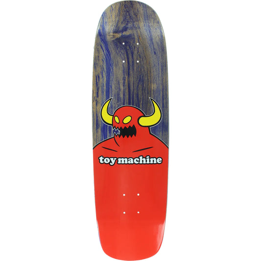 A skateboard deck shown from the top side, featuring a red devil graphic with yellow horns and the text 'toy machine' on a white background.