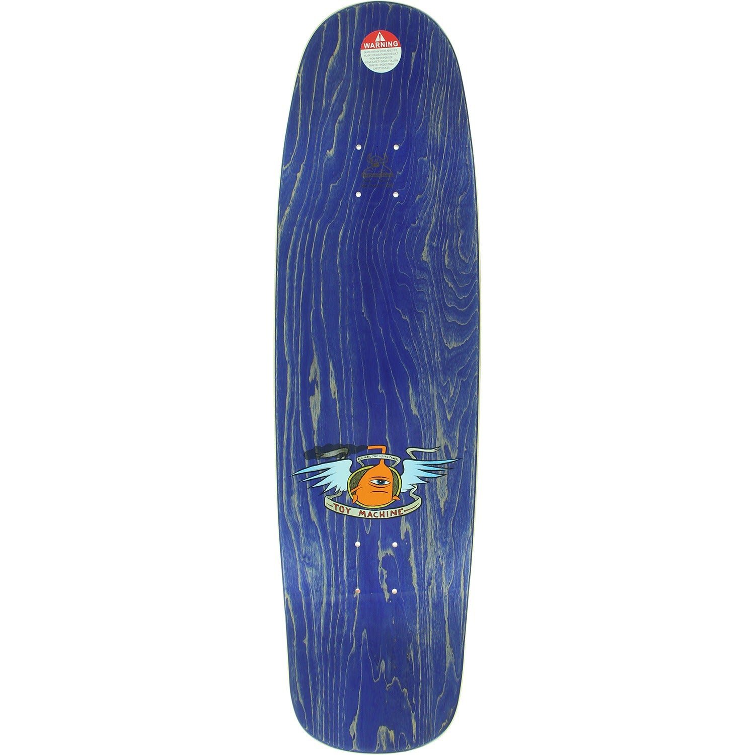 A blue wooden skateboard deck with a prominent wood grain pattern, featuring a central graphic of a winged orange sun and a red and white sticker at the top.