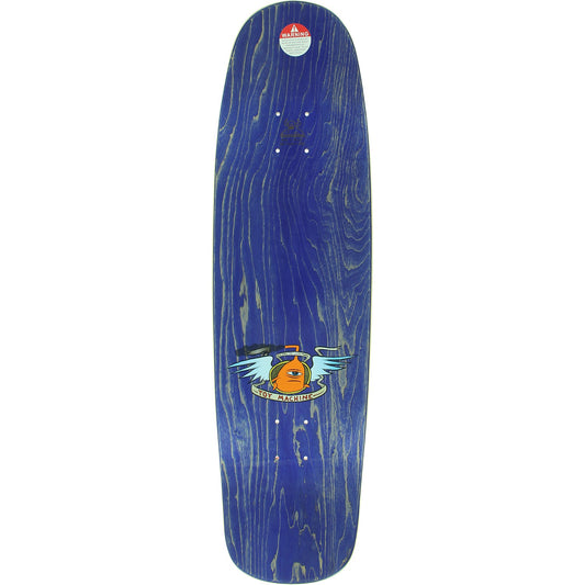 A blue wooden skateboard deck with a prominent wood grain pattern, featuring a central graphic of a winged orange sun and a red and white sticker at the top.