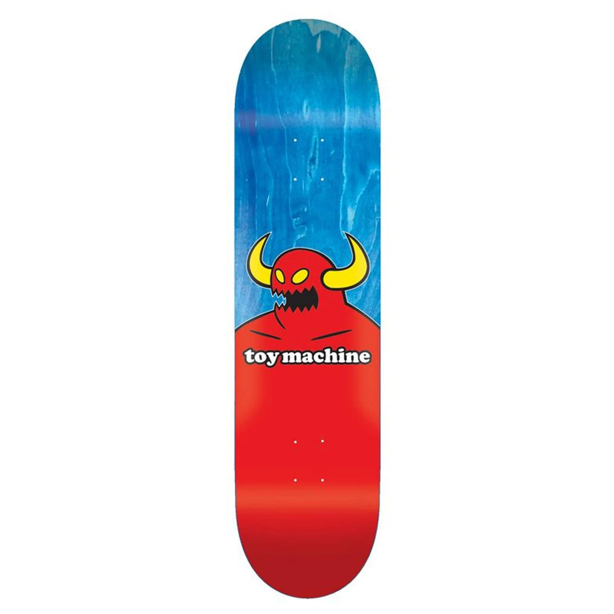 Skateboard deck with a red and blue design featuring a cartoonish monster and 'toy machine' text on a white background.