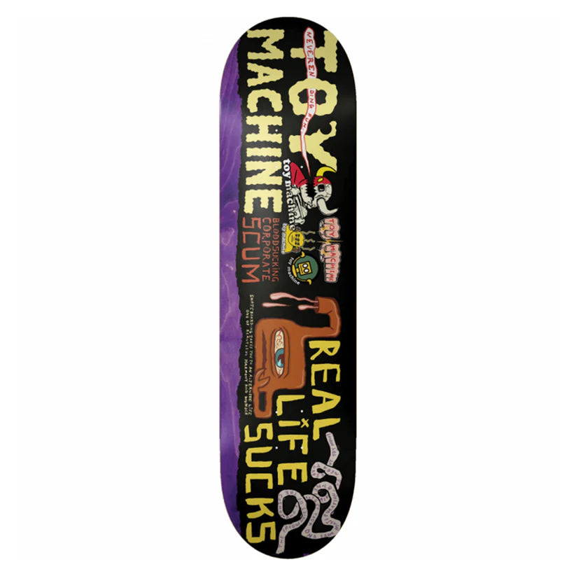 Skateboard deck with colorful graphics and text on a white background