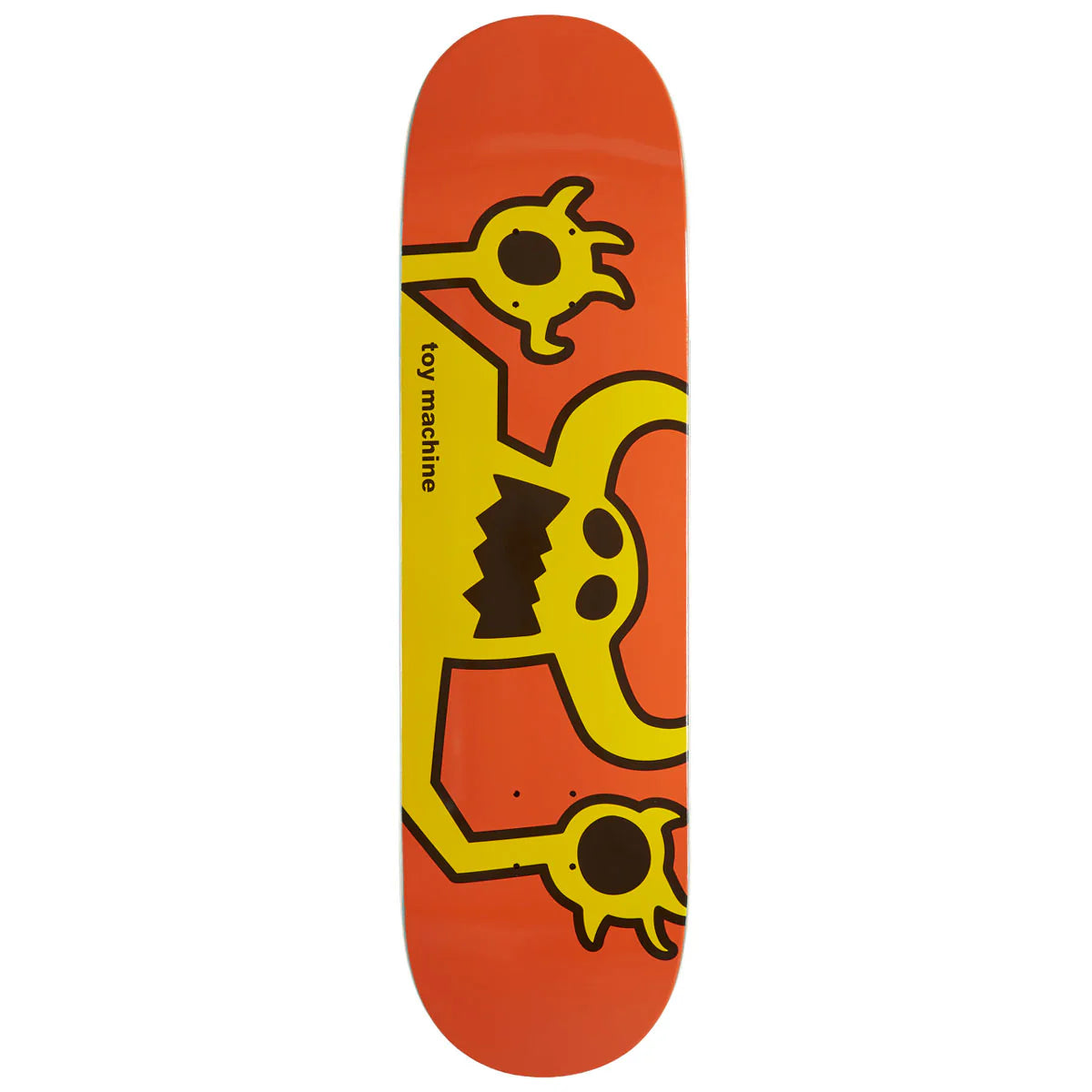 Skateboard deck with a yellow and black graphic design on an orange background