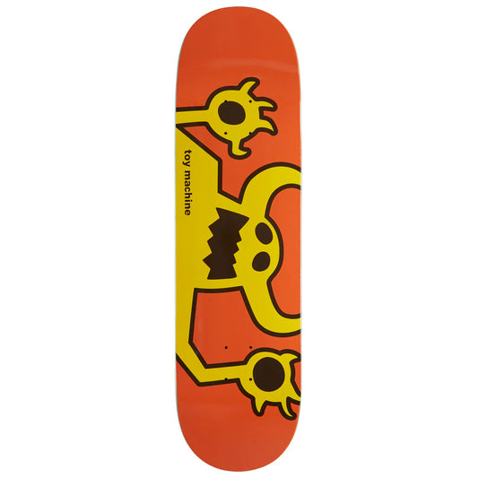 Skateboard deck with a yellow and black graphic design on an orange background