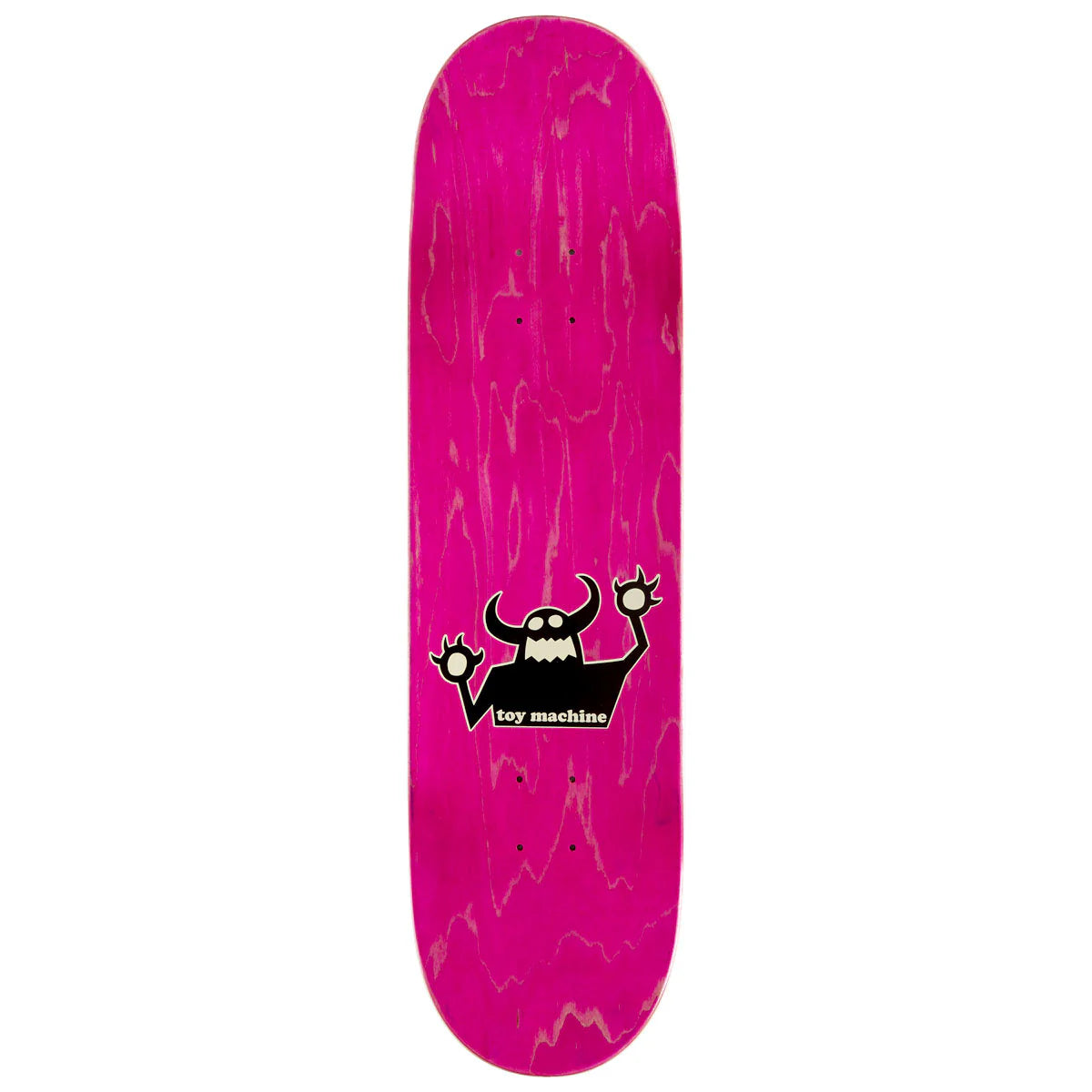 Pink skateboard deck with a black and white logo on a white background