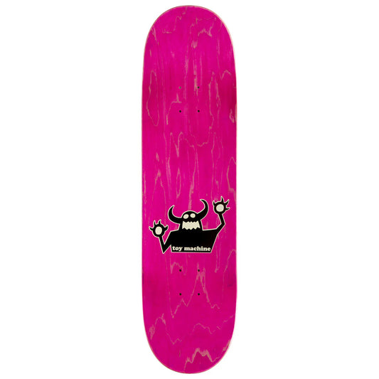 Pink skateboard deck with a black and white logo on a white background