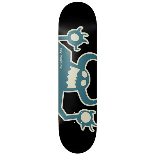 Skateboard deck with a black background and blue and white graphic design on a white background