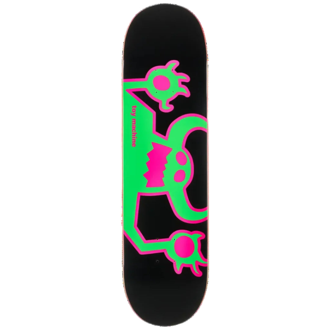A skateboard deck with a black background and a bold graphic design featuring neon green and hot pink cartoonish monster shapes.