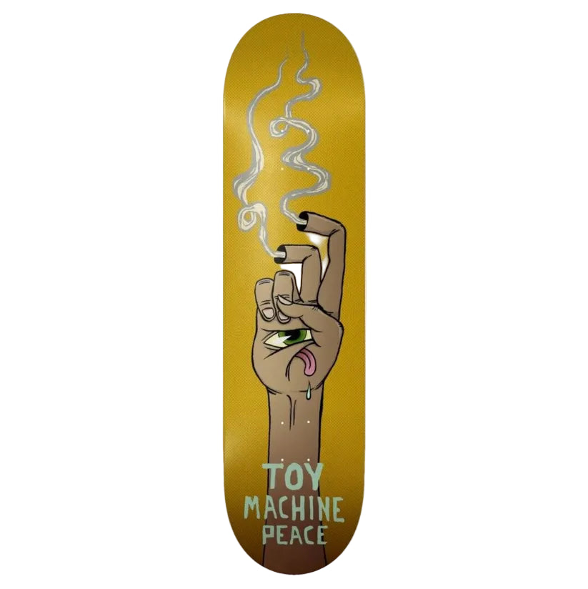Skateboard deck with a hand holding a cigarette and 'Toy Machine Peace' text on a yellow background