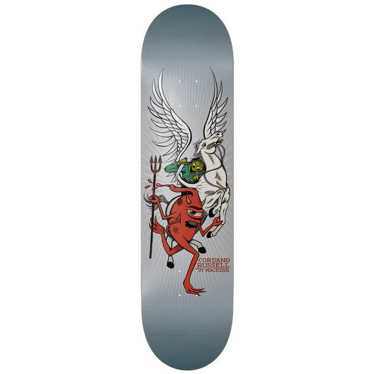 Skateboard deck with red devil and white goat design on a gray background