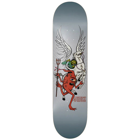 Skateboard deck with red devil and white goat design on a gray background