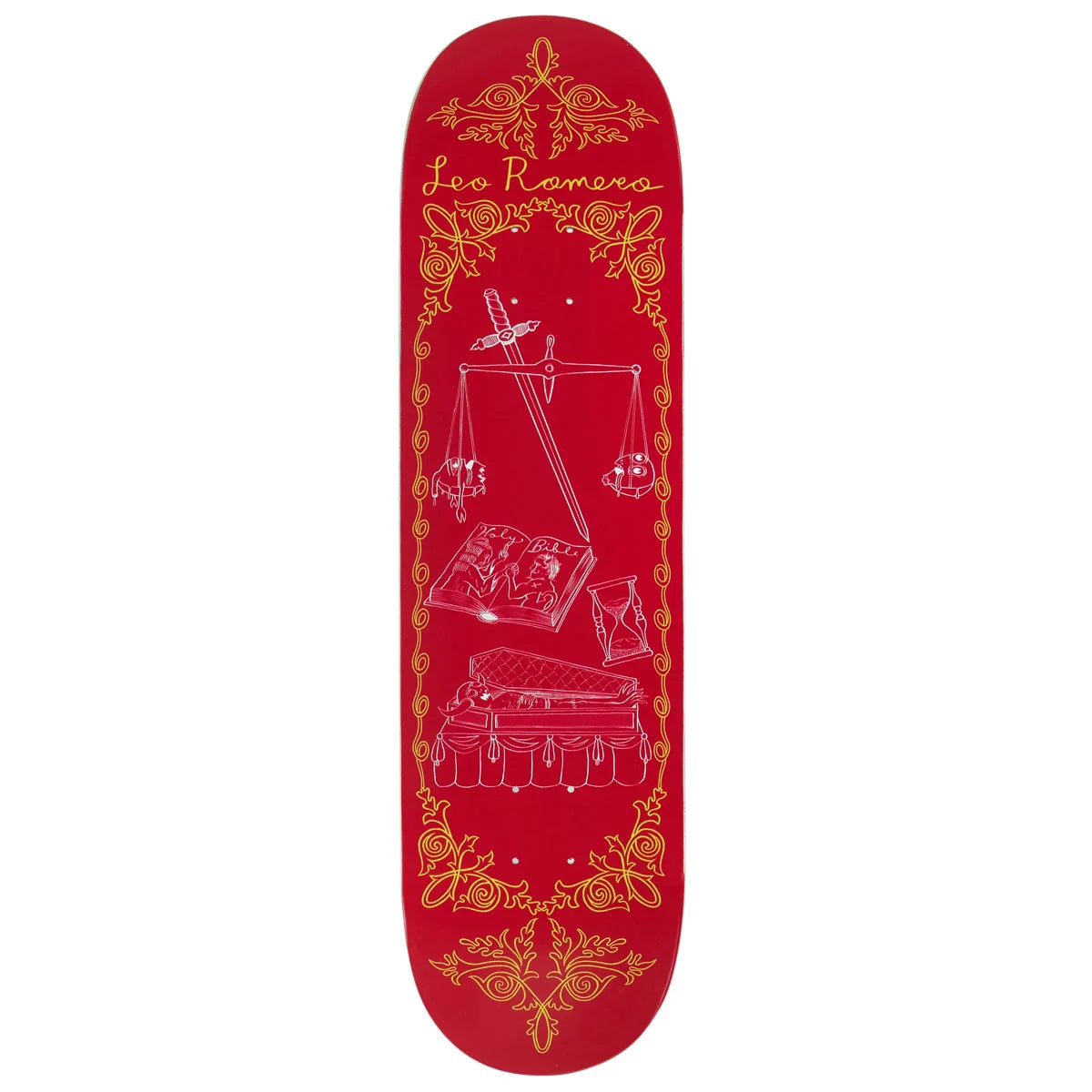 A red skateboard deck featuring a gold ornate border and white line-art illustrations of a balance scale, an open book, and a coffin, with the text 'Leo Ramirez' printed at the top.