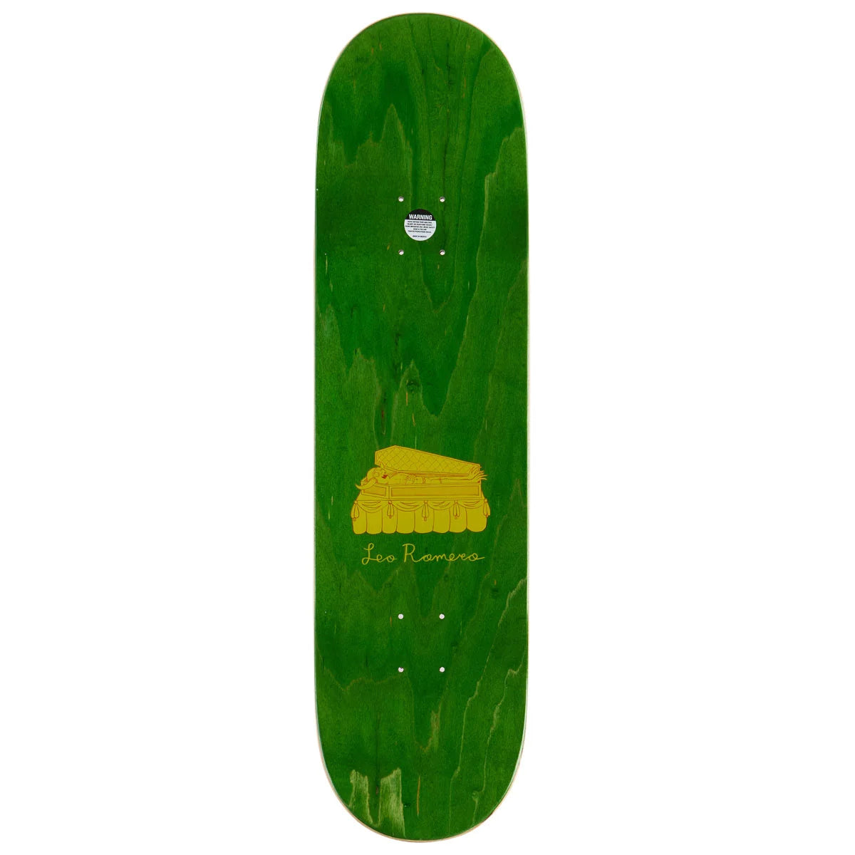 A green skateboard deck with a yellow graphic of stacked books and the text 'Jao Ramiro' printed on the underside, shown against a plain white background.