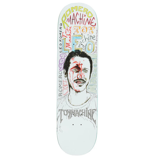 Skateboard deck with a graphic design of a person's face and text on a white background