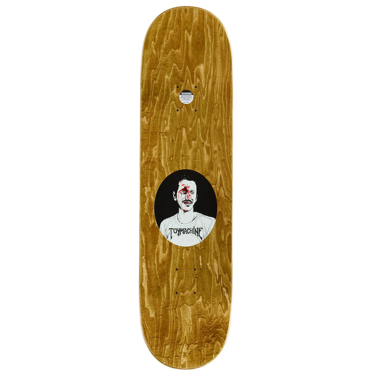 Skateboard deck with a wooden finish and a central graphic of a face with text, on a white background.