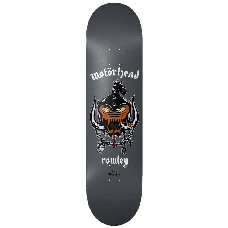 Skateboard deck with motorhead logo and design on a white background