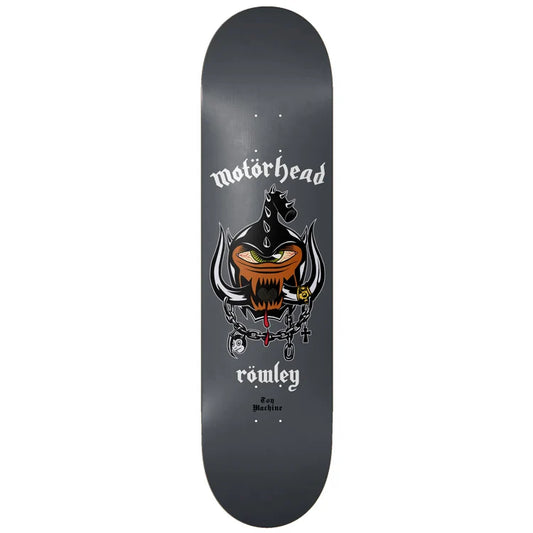 Skateboard deck with motorhead logo and design on a white background