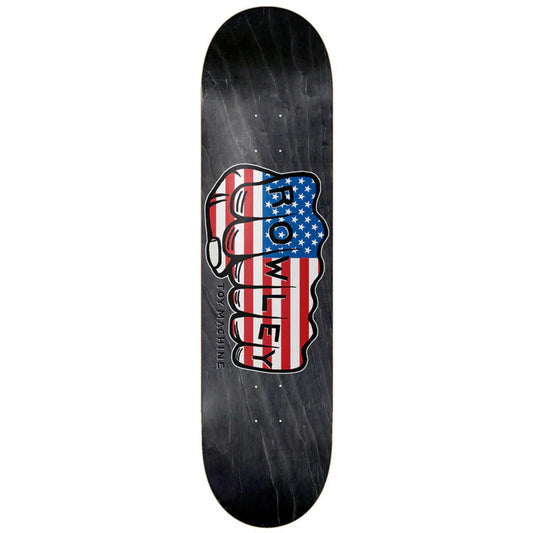Skateboard deck with American flag and 'Bowie' design on a black background
