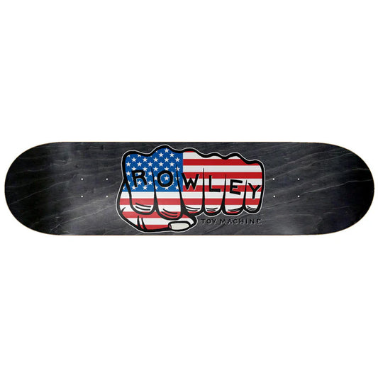 Skateboard deck with American flag design and 'Bowley' branding on a white background