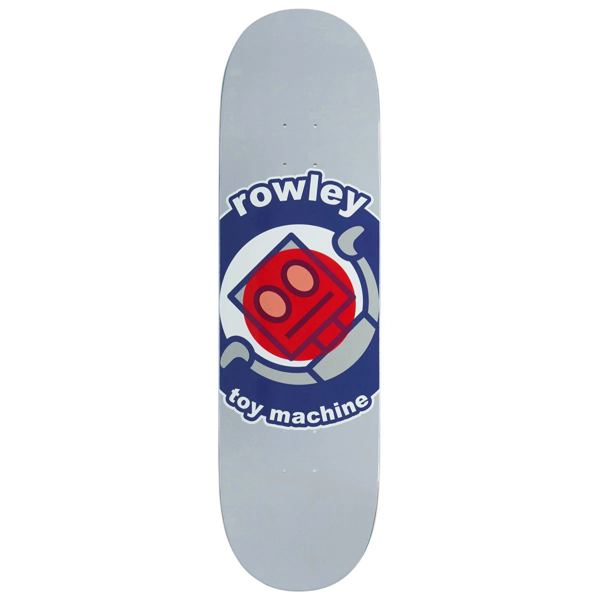A skateboard deck shown vertically against a plain white background. The deck has a light gray base with a large graphic in the center featuring the text 'rowley' and 'toy machine' in white on a dark blue background, surrounding a red and orange robot face graphic.