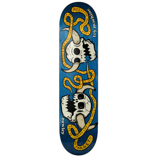 Skateboard deck with skull and snake design on a blue background