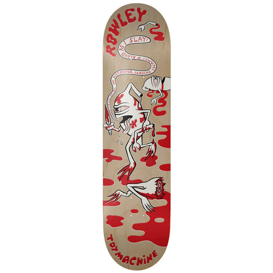 Skateboard deck with red and black graphics on a beige background