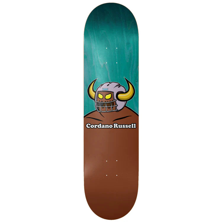 Skateboard deck with a graphic design of a character wearing a helmet on a teal and brown background.