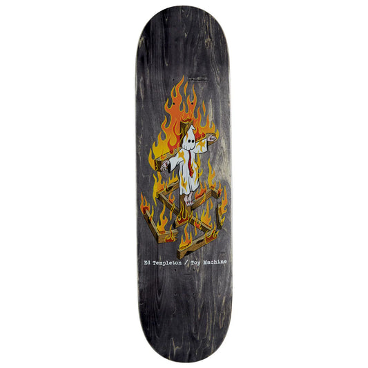 Skateboard deck with a graphic design of a ghost in flames on a dark wood texture background.