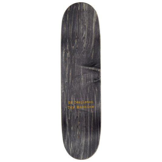 Skateboard deck with text on a white background