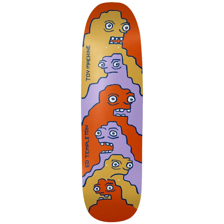 Skateboard deck with colorful abstract design and 'Toy Machine' branding.