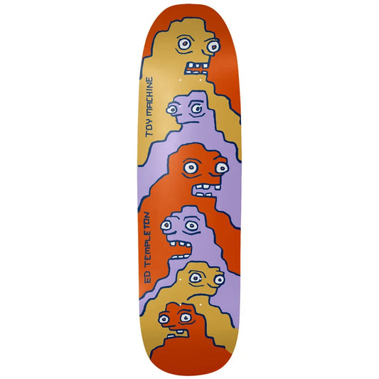 Skateboard deck with colorful abstract design and 'Toy Machine' branding.