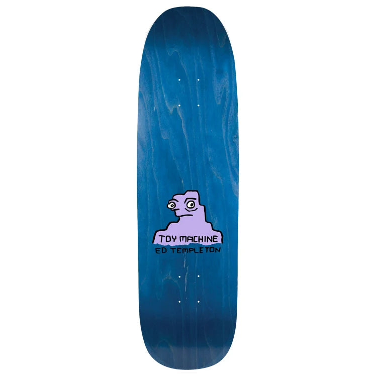 Blue skateboard deck with a purple logo on a white background